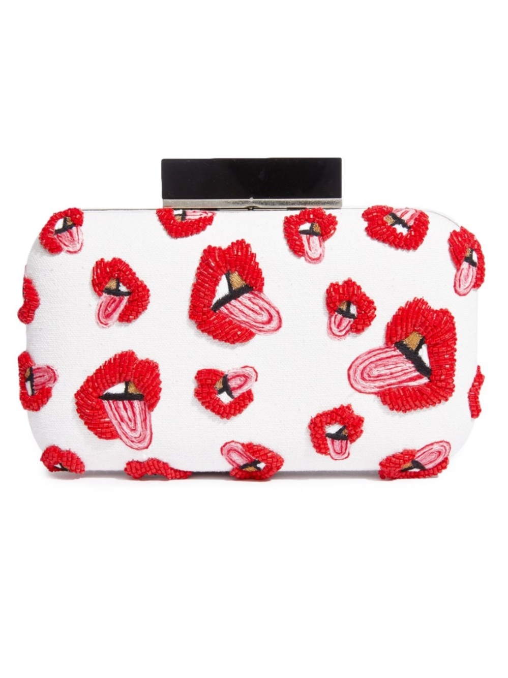 Alice + Olivia x Donald Robertson Shirley white clutch/minaudiere w/ beaded lips